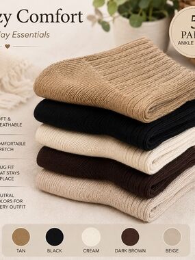 5-Pair Neutral Ribbed Crew Socks Set | New 🧦